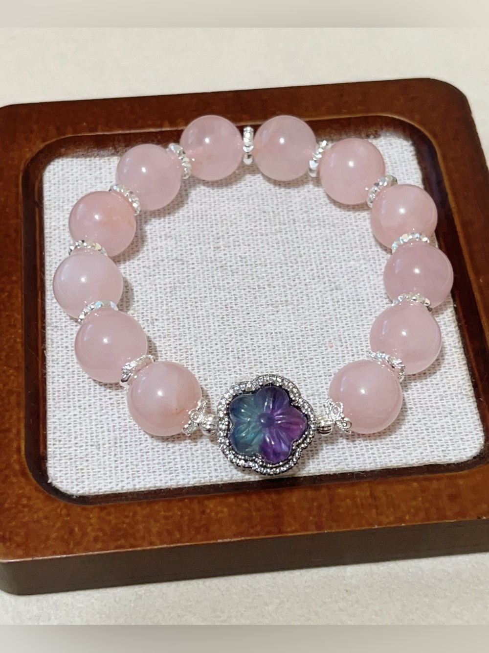 Handmade Natural Rose Quartz Bead Bracelet with Fluorite Flower Charm 13.5mm